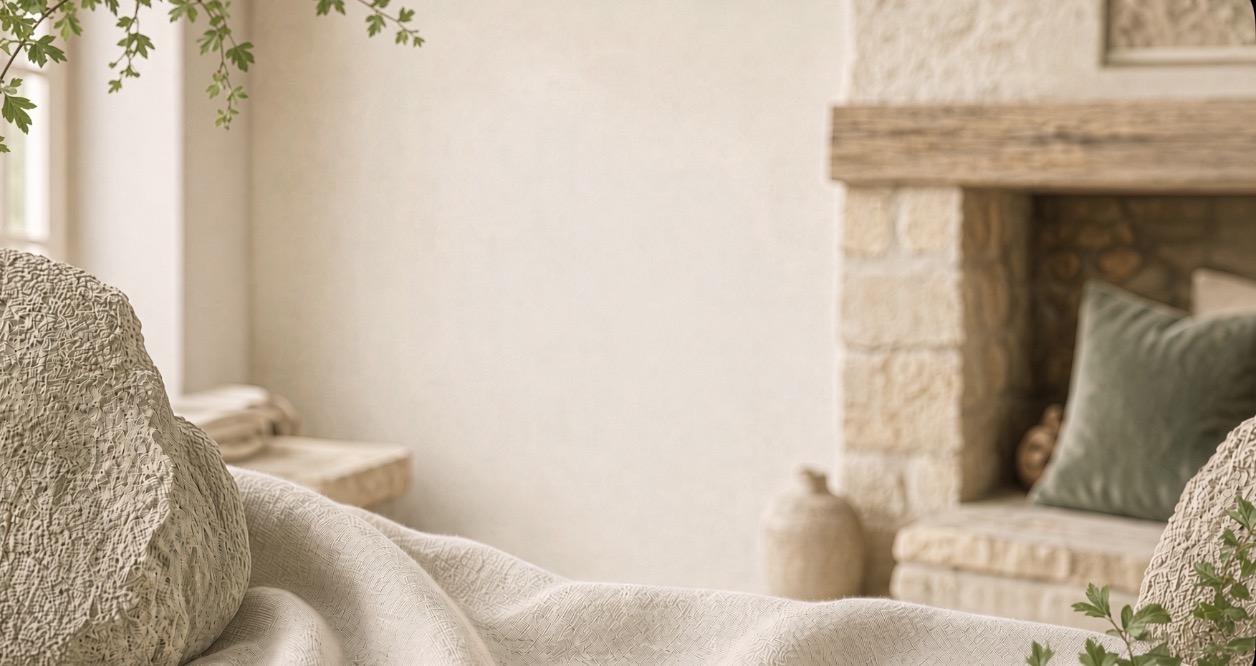Cotswold stone fireplace in a warm, freshly made sitting room